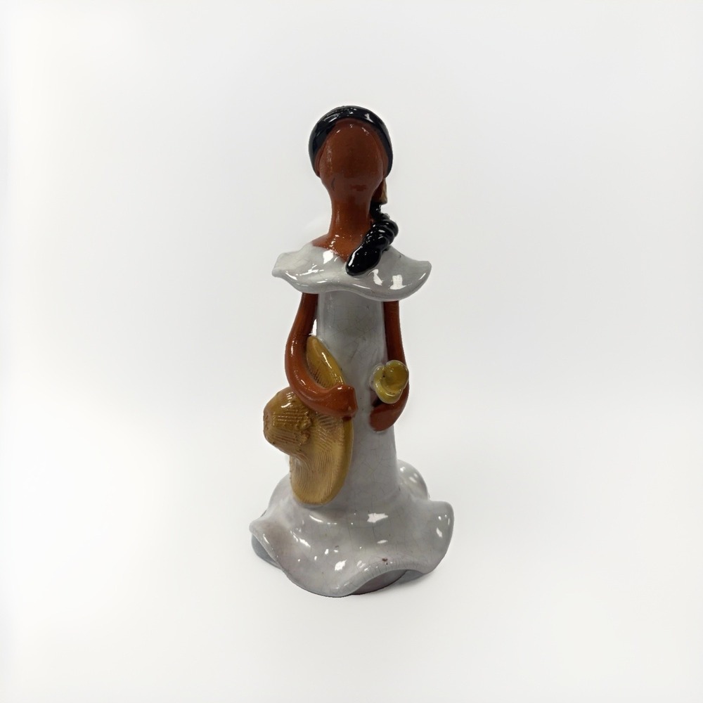 Large Dominican Faceless Folk Art Woman W/ Hat Figurine Glazed Terracotta